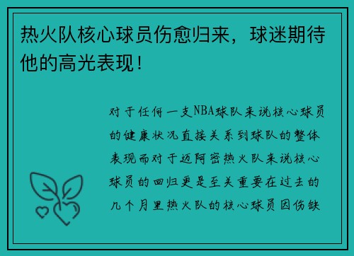 热火队核心球员伤愈归来，球迷期待他的高光表现！